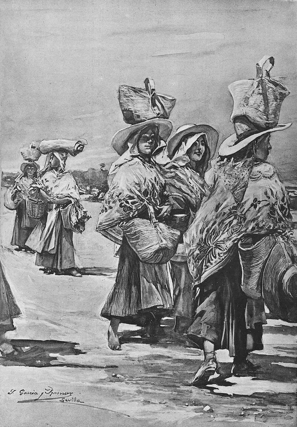 Algabeñas camino de Sevilla. Dibujo original de J. García Ramos.