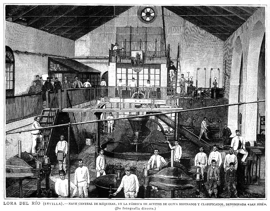 Lora del Río (Sevilla).—Nave central de máquinas, en la fábrica de aceites de oliva refinados y clarificados, denominada «San José». De fotografía directa.
